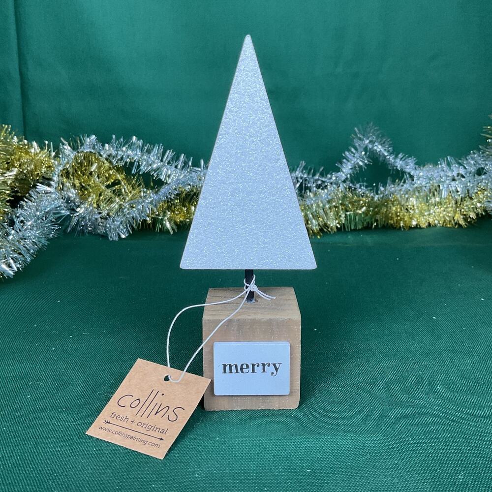 Merry Christmas Tree Wooden Block Sign Glitter White Holiday Shelf Sitter